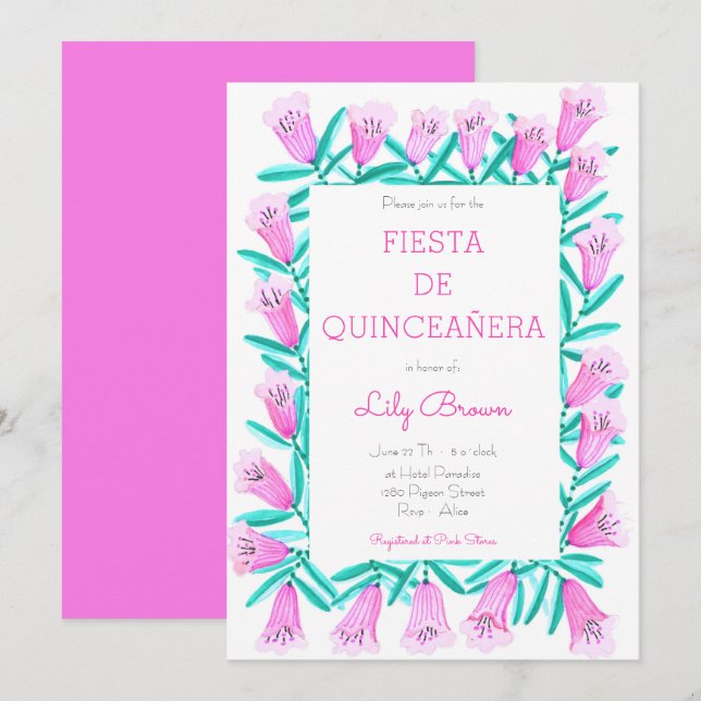 Fiesta de Quinceañera Einladung Flores Rosa (Vorne/Hinten)