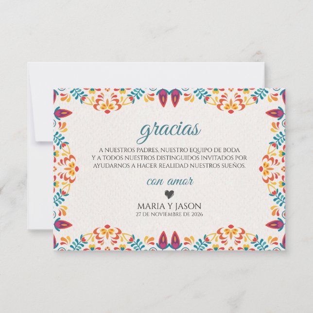 Fiesta Elegant Colorful Floral Spanish Wedding Dankeskarte (Vorderseite)