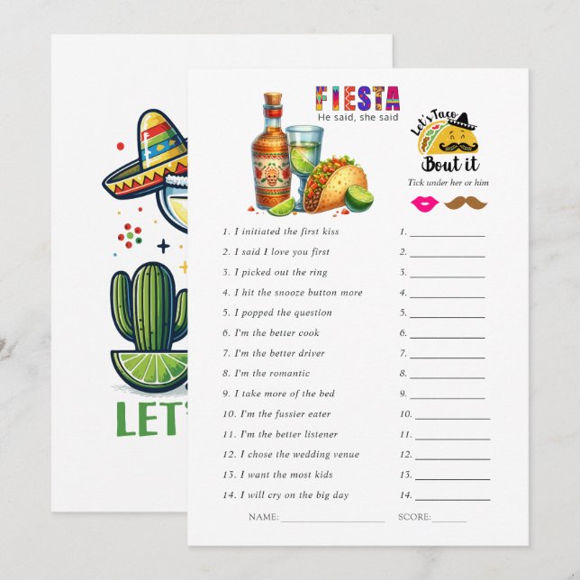 Fiesta "Er sagte, sie sagte" Brautparty-Spiel (Vorne/Hinten)