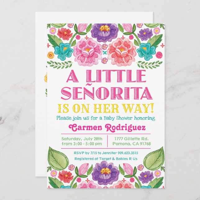 Fiesta Floral Baby Shower Einladung (Vorne/Hinten)