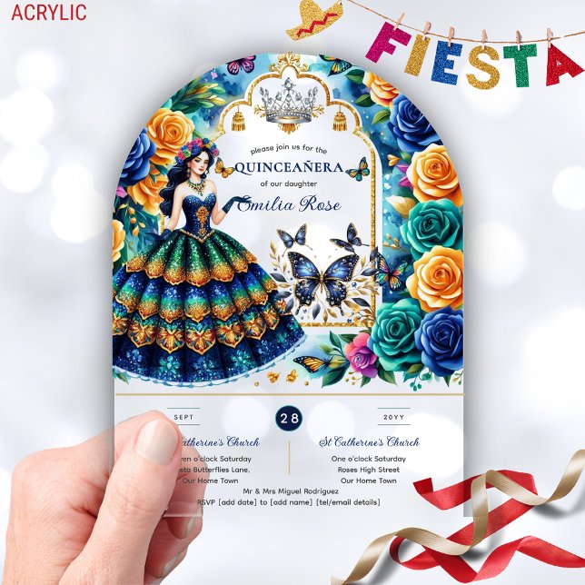 Fiesta Floral Butterflies QUINCEANERA Blue Gold Acryleinladungen (Von Creator hochgeladen)