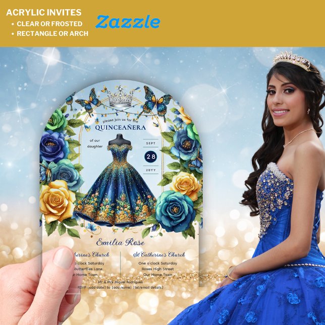Fiesta Floral Butterflies QUINCEANERA Blue Gold Acryleinladungen (Von Creator hochgeladen)