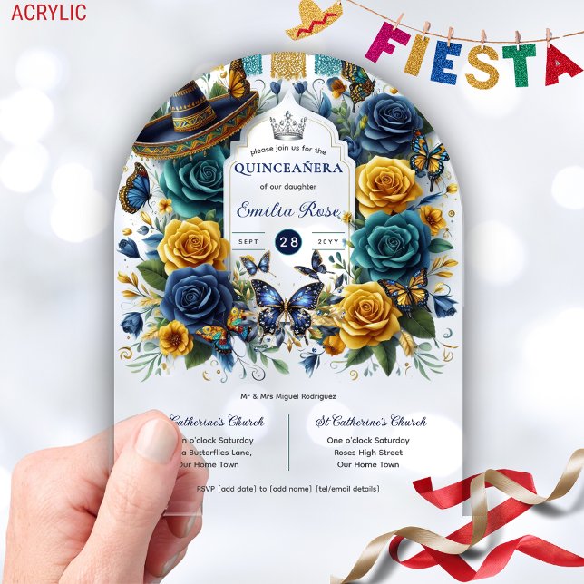 Fiesta Floral Butterflies QUINCEANERA Klar Acryleinladungen (Von Creator hochgeladen)