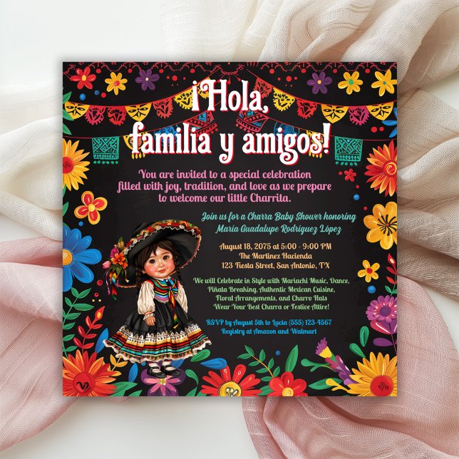 Fiesta Floral Charra Baby Dusche Einladung (Girl fiesta baby shower invitation with bright flowers and adorable baby girl charra.)