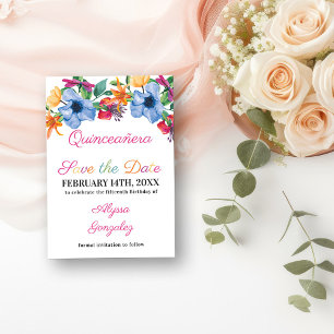 Fiesta Flowers Weiße und Florale Quinceanera-Einla Save The Date