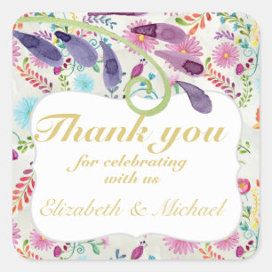 Fiesta Folk Art Wasserfarben Blume Lila DANK YO Quadratischer Aufkleber