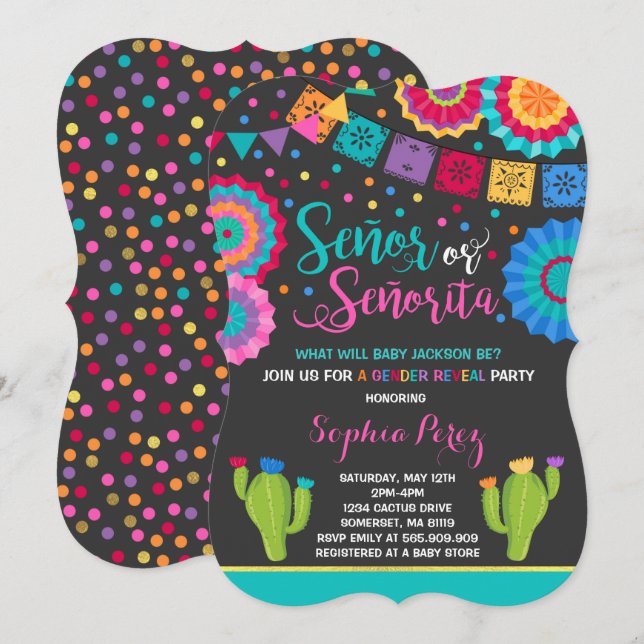 Fiesta Gender Reveitation Señor oder Señorita Einladung (Vorne/Hinten)