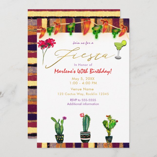 FIESTA Gold Southwest Cactus Birthday Party Einladung (Vorne/Hinten)