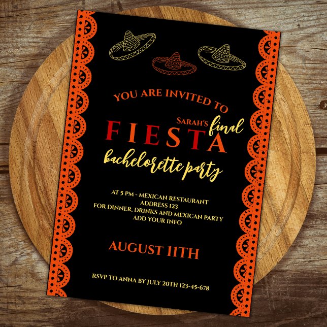 Fiesta-Junggeselinnen-Abschied Einladung (final fiesta bachelorette party weekend itinerary invitation red and orange sombreros mexican themed)