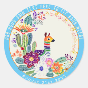 FIESTA Kakteen Lama Folkart Blumen Blau Custom Runder Aufkleber