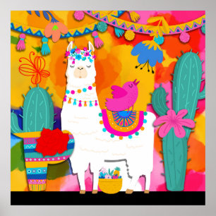 Fiesta Lama Cinco De Mayo Farbige Spaß Wasserfarbe Poster