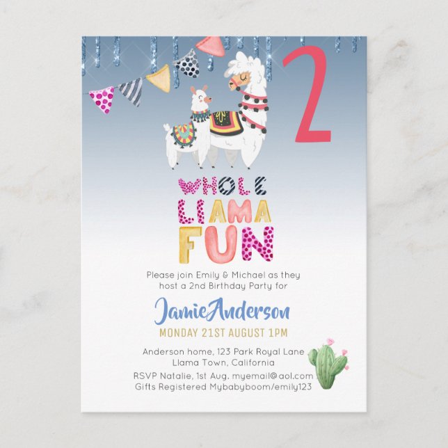 Fiesta Lama Mama 2. Geburtstag Boy Girl Postkarte (Vorderseite)