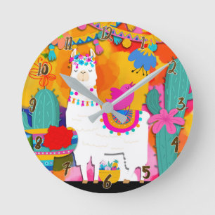 Fiesta Llama Cinco De Mayo Colorful Fun Watercolor Runde Wanduhr