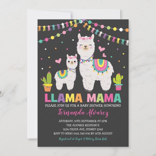 Fiesta Llama Girl Babydusche / Cactus Alpaca Einladung (Vorderseite)