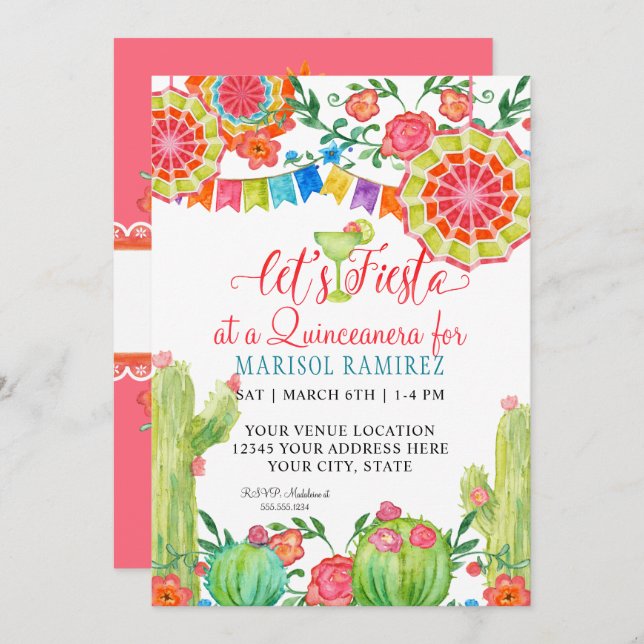 Fiesta Margarita Cactus 15. Geburtstag Quinceanera Einladung (Vorne/Hinten)