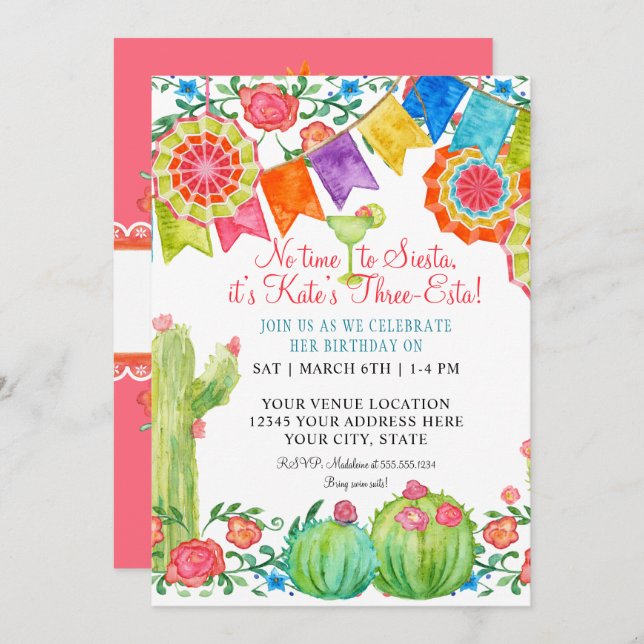 Fiesta Margarita Floral Cactus Birthday Party Einladung (Vorne/Hinten)