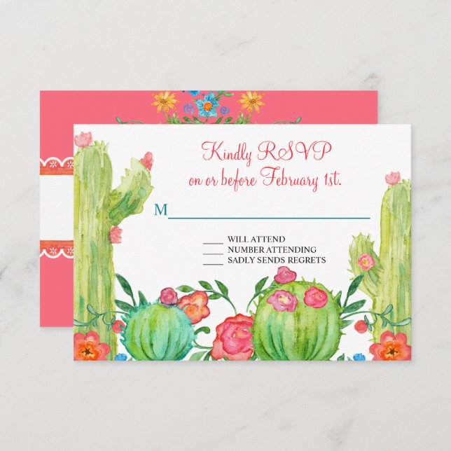 Fiesta Margarita Floral Cactus Wedding RSVP Einladung (Vorne/Hinten)