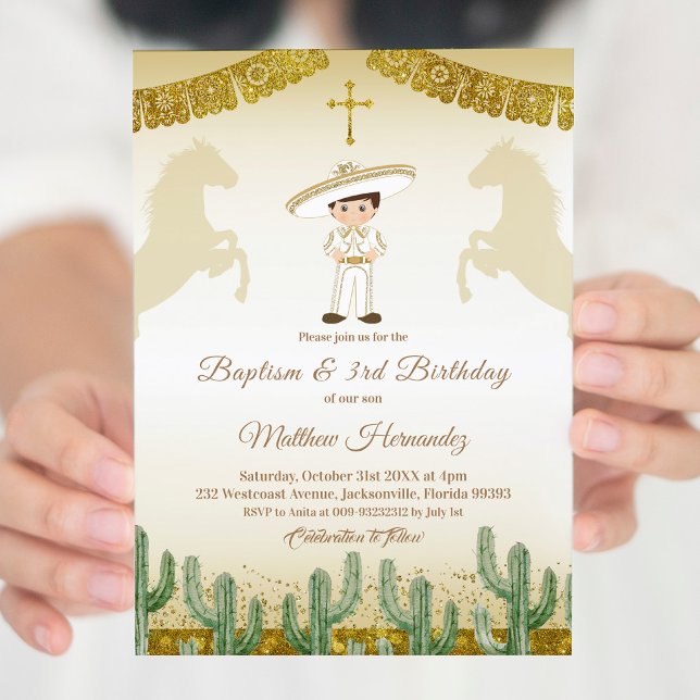 Fiesta Mexican Boy Gold Taufe & Birthday Einladung (Von Creator hochgeladen)