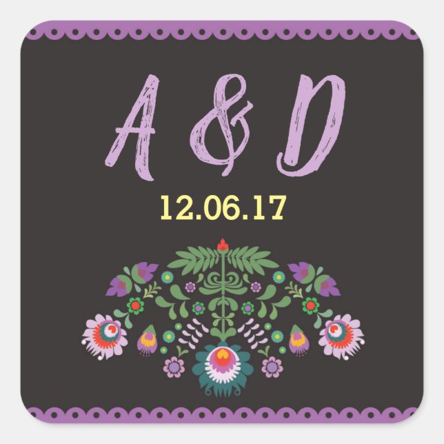 Fiesta Mexican Floral Round Stickers Lila Label (Vorderseite)