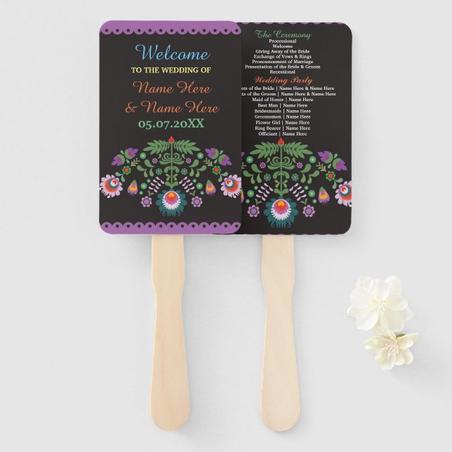 Fiesta Mexican Floral Wedding Program Hand Fan Fächer (Vorne und Hinten)