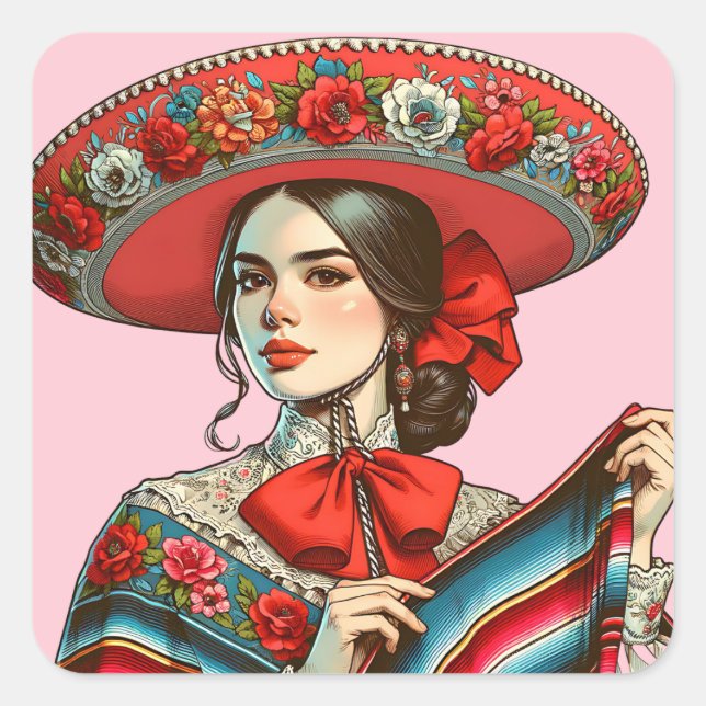 Fiesta Mujer Mariachi Gastgeschenk Quadratischer Aufkleber (Vorderseite)