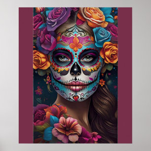 Fiesta of Colors: Frau in Sugar Skull Makeup Art Poster