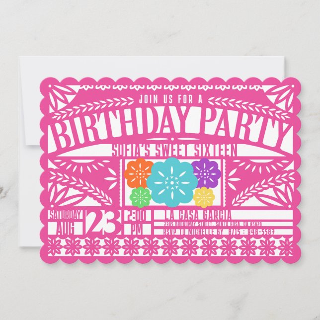 Fiesta Papel Picado Flag FUCHSIA Sweet 16 Birthday Einladung (Vorderseite)