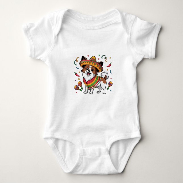 Fiesta Papillon Dog Wearing Sombrero und Sarape Baby Strampler (Vorderseite)