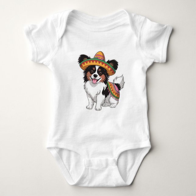 Fiesta Papillon Dog Wearing Sombrero und Sarape Baby Strampler (Vorderseite)