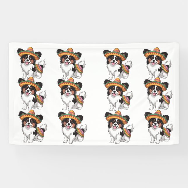 Fiesta Papillon Dog Wearing Sombrero und Sarape Banner (Horizontal)