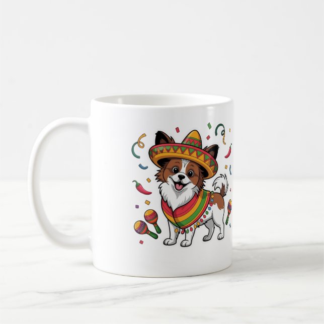 Fiesta Papillon Dog Wearing Sombrero und Sarape Kaffeetasse (Links)