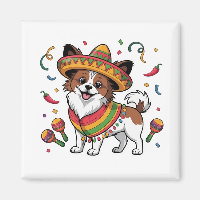 Fiesta Papillon Dog Wearing Sombrero und Sarape Magnet (Vorne)