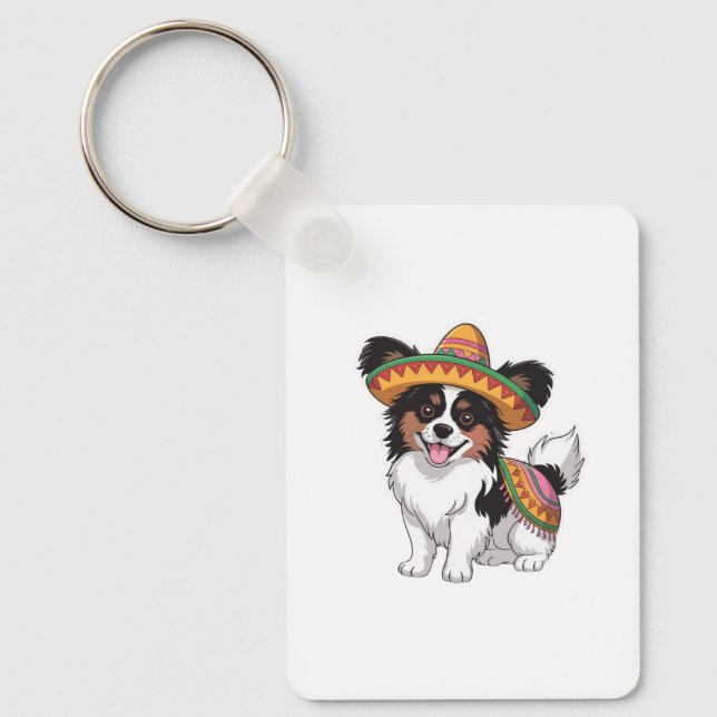 Fiesta Papillon Dog Wearing Sombrero und Sarape Schlüsselanhänger (Vorderseite)