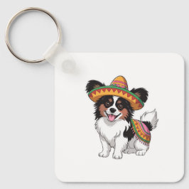 Fiesta Papillon Dog Wearing Sombrero und Sarape Schlüsselanhänger