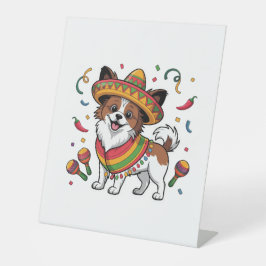 Fiesta Papillon Dog Wearing Sombrero und Sarape Sockelschild