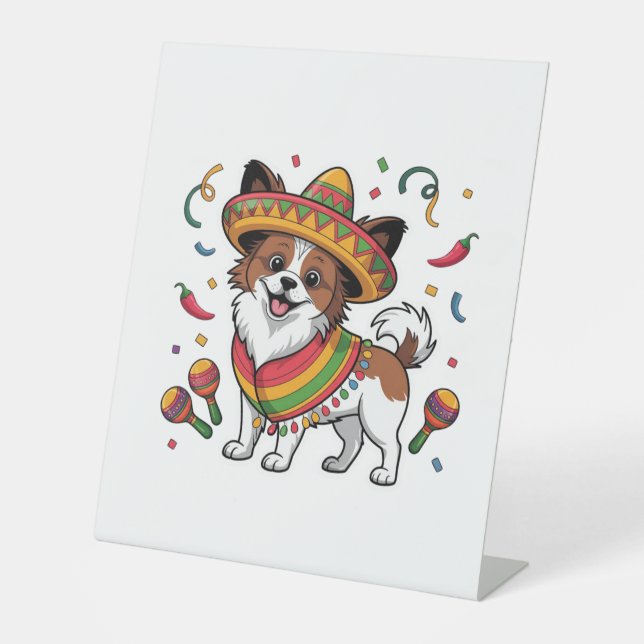 Fiesta Papillon Dog Wearing Sombrero und Sarape Sockelschild (Vorderseite)
