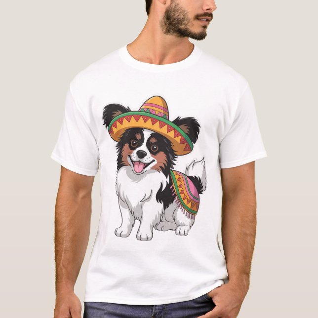 Fiesta Papillon Dog Wearing Sombrero und Sarape T-Shirt (Vorderseite)