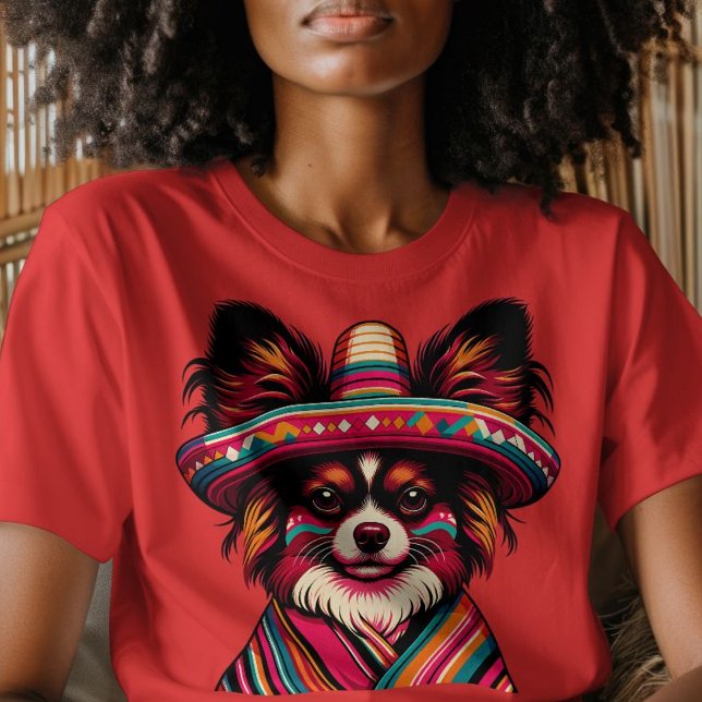 Fiesta Papillon Dog Wearing Sombrero und Sarape T-Shirt (Fiesta Papillon Dog Wearing Sombrero and Sarape T-Shirt)