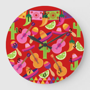 Fiesta Party Sombrero Limes Guitar Maraca Saguaro Große Wanduhr