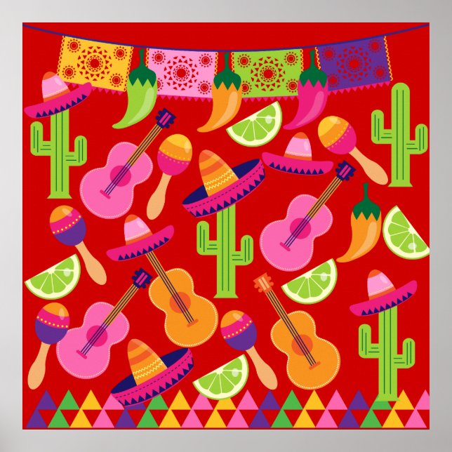 Fiesta Party Sombrero Limes Guitar Maraca Saguaro Poster (Vorne)