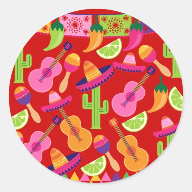 Fiesta Party Sombrero Limes Guitar Maraca Saguaro Runder Aufkleber (Vorderseite)