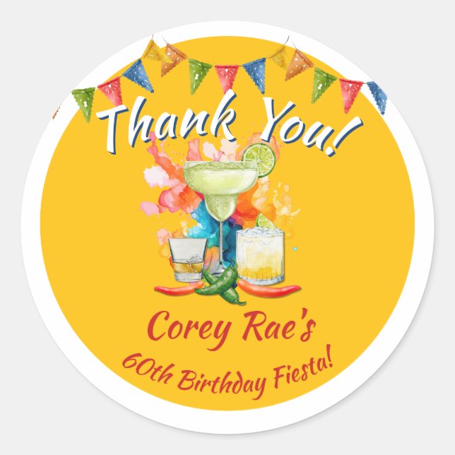 Fiesta Theme Birthday Thank You - 60th Custom Runder Aufkleber (Vorderseite)