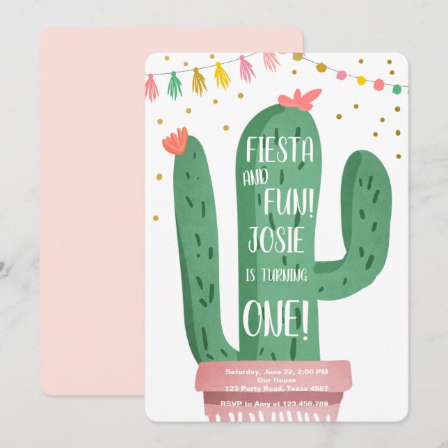 Fiesta und Fun Girl Pink Cactus 1. Geburtstag Einladung (Vorne/Hinten)