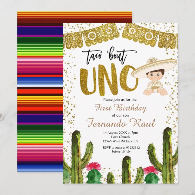 Fiesta Uno Gold Charro Boy Einladung (Vorne/Hinten)