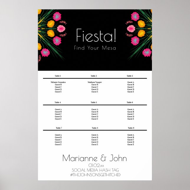 Fiesta Wedding Birthday Mexican Seating Chart Poster (Vorne)