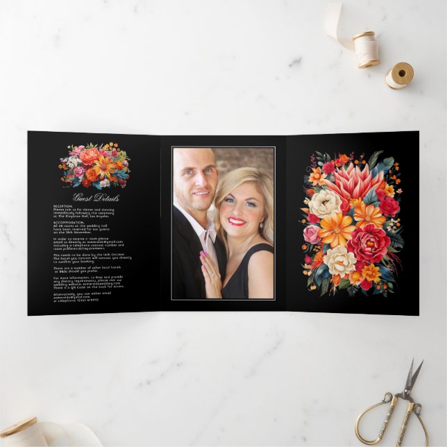 Fiesta Wedding Guest Details, Foto & QR Code Dreifach Gefaltete Einladung (Innenseite)