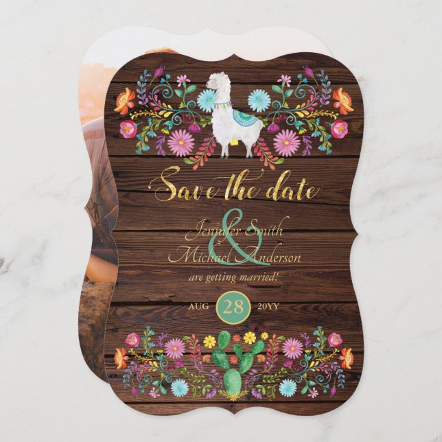 Fiesta Wedding speichern das Datum Llama Folk Blum Einladung (Vorne/Hinten)