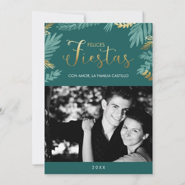 Fiestas Foto Card Gold und Green Felices (Vorderseite)
