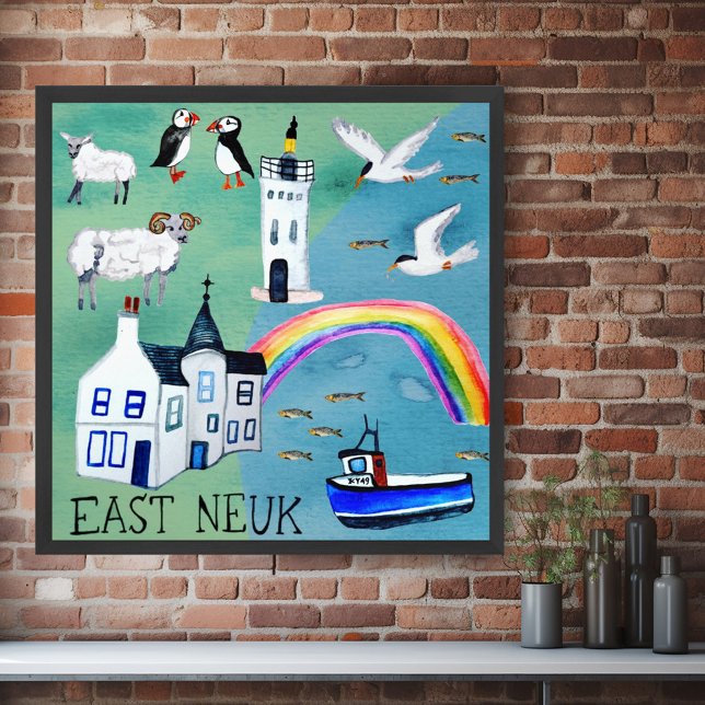 Fife Coastway EAST NEUK Illustrierte Karte Poster (Fife Coastal Path EAST NEUK Illustrated Map Poster Wall Art Watercolor)