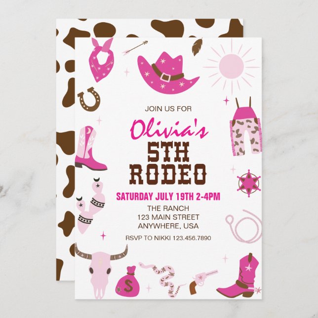 Fifth Rodeo Hot Pink Western 5. Geburtstag Einladung (Vorne/Hinten)